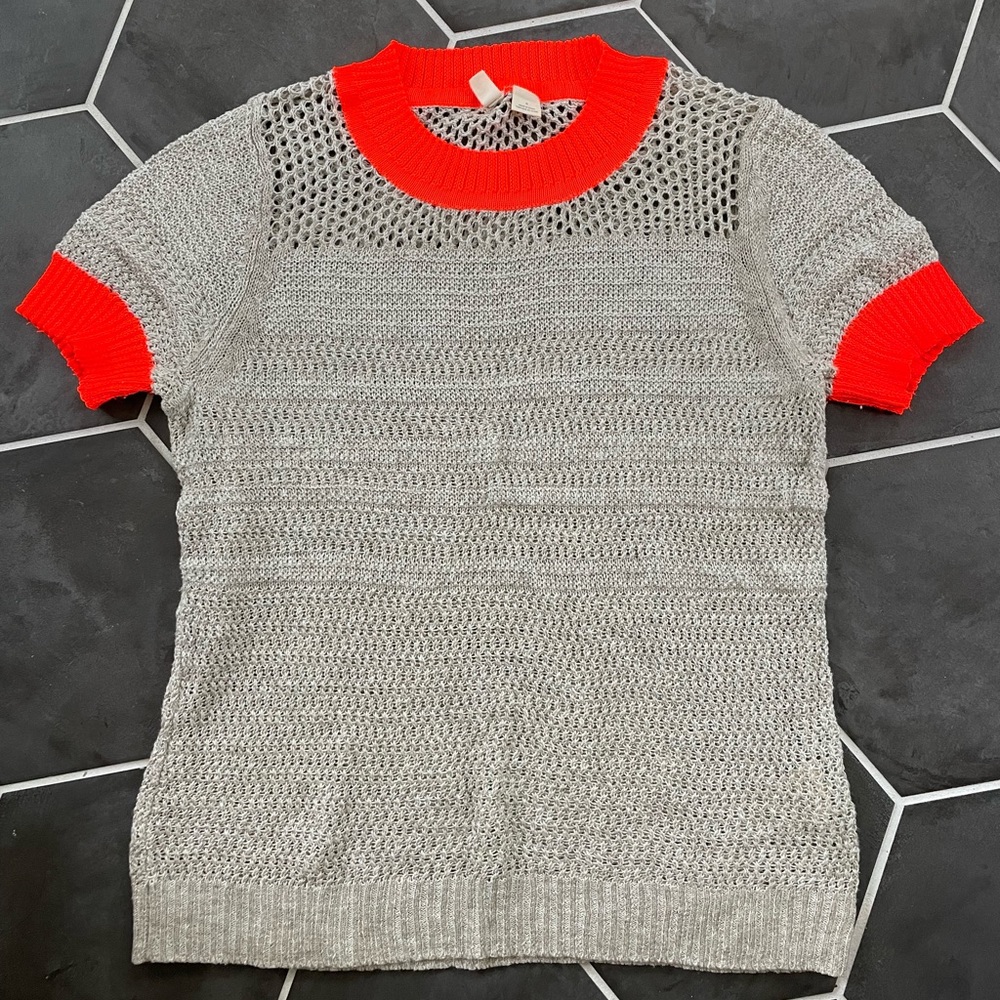 Anthropologie light knit gray sweater tee with neon orange trim